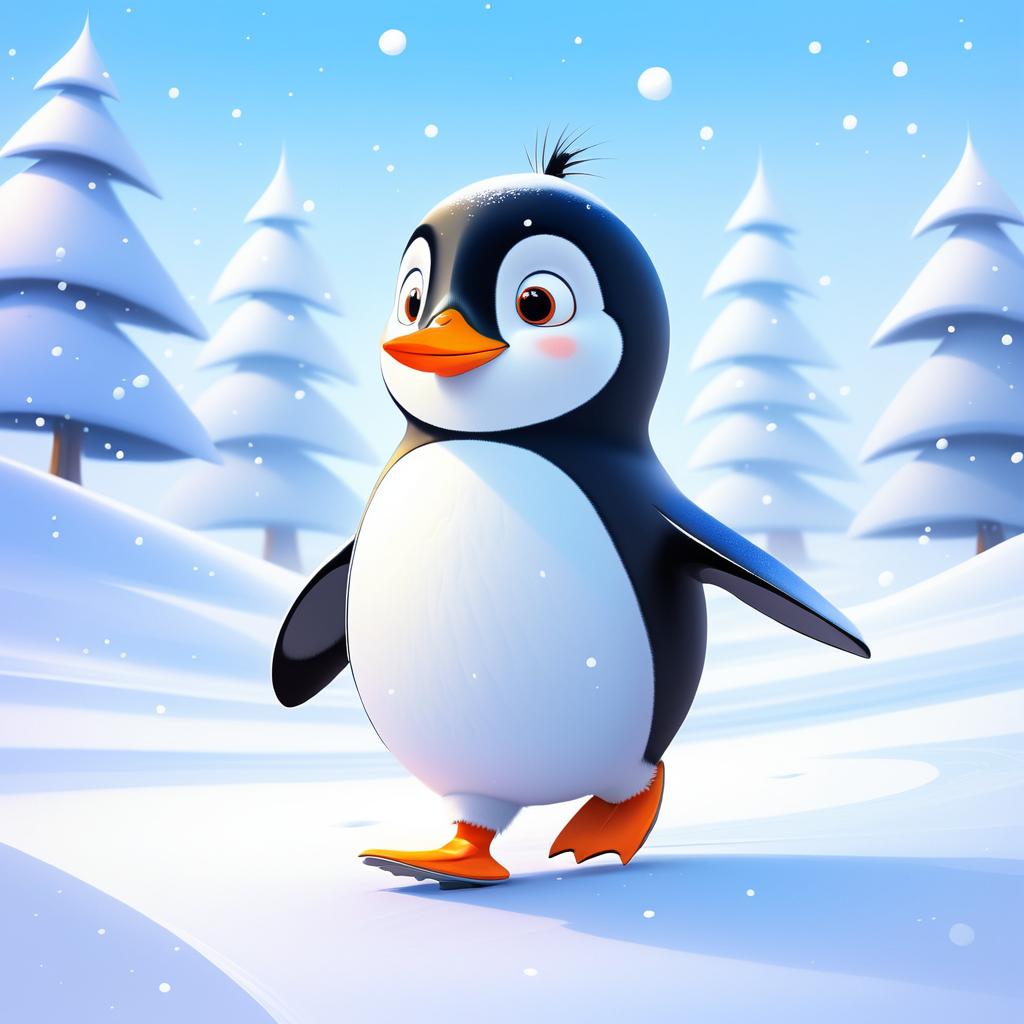 Whimsical Cartoon Penguin in Snowy Landscape