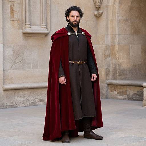 Photograph of a bearded man with curly black hair, wearing a deep red velvet cloak over a black tunic and brown boots, standing in a