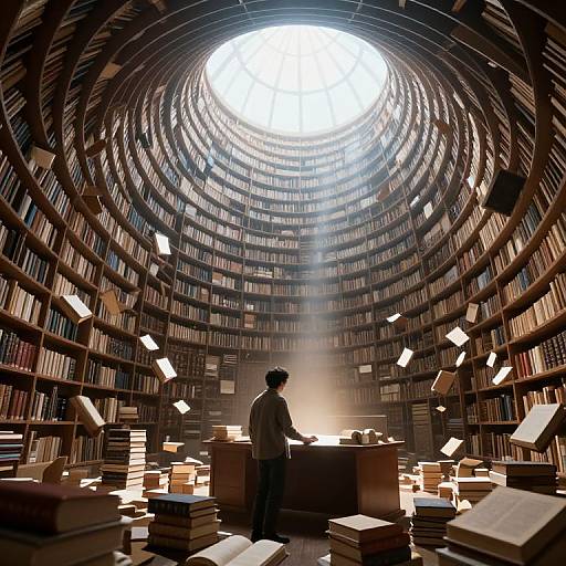 Digital art of a lone figure standing in a vast, circular library with towering bookshelves, sunlight streaming through the central dome. Books and papers scattered