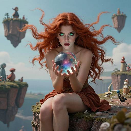 Digital fantasy artwork: Red-haired woman with glowing green eyes, in brown dress, holding a magical, iridescent orb, sitting on floating cliff.