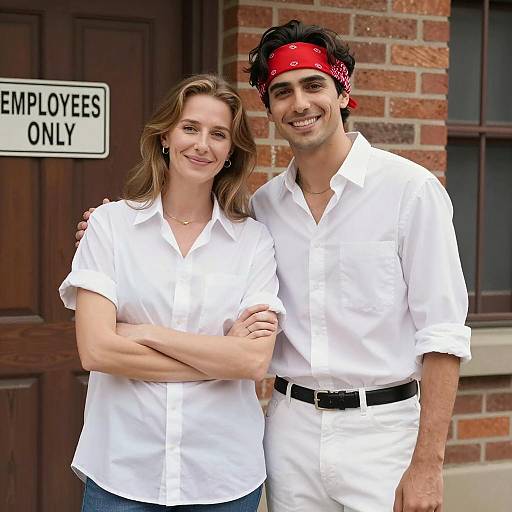 Casual Couple Portrait by Brick Wall