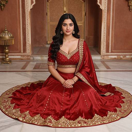 Photograph of a beautiful South Asian woman with long black hair, wearing a red and gold traditional lehenga, seated on a marble floor in an orn