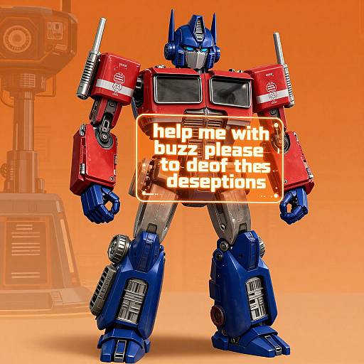 Digital image of red and blue Transformers robot with 