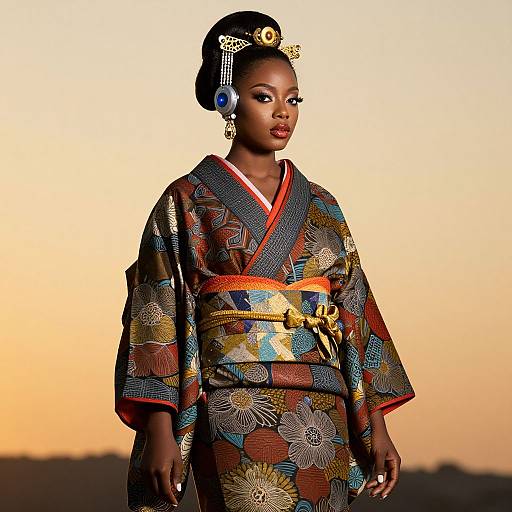 Photograph of a dark-skinned woman in a colorful, patterned African kente cloth kimono with red trim, gold obi, and intricate