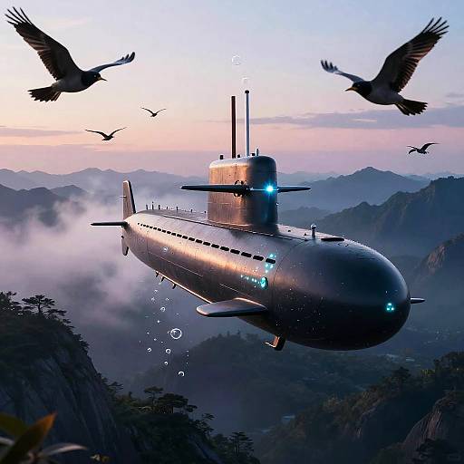 Submarine Soaring in Sky Over Mountains