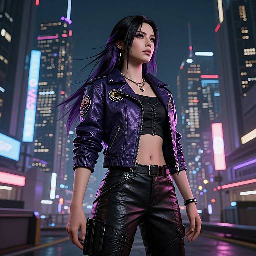 CGI image of a confident, dark-haired woman in a black leather jacket and pants, standing in a neon-lit, futuristic cityscape at night
