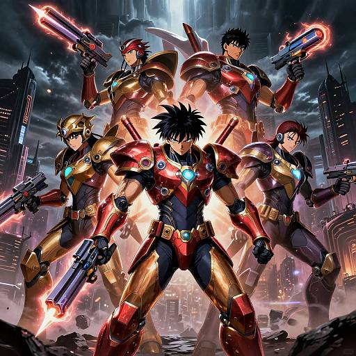 Dynamic anime-style digital artwork of five muscular, armored heroes with glowing guns, standing in a fiery, dystopian cityscape backdrop.
