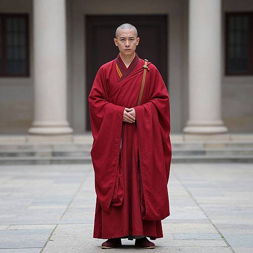 Photograph of a bald male Buddhist monk in a red robe standing in front of white columns, hands clasped, serious expression.