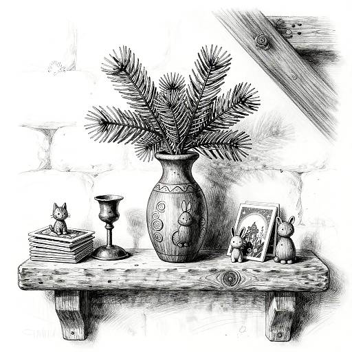 Whimsical Black-and-White Cabin Still Life