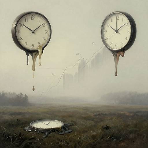 Digital art of two melting clock faces dripping in foggy field, with a third clock face on ground, graph lines in background.