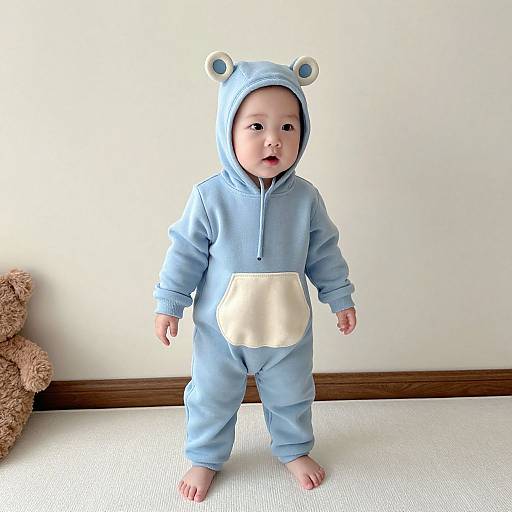 Photograph of a baby with light skin, wearing a light blue bear-themed onesie with white ears, standing on a white carpet against a white wall