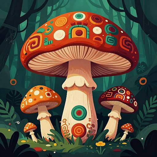 Vibrant digital illustration of whimsical, patterned red mushrooms with white and orange spots in a dark, enchanted forest.