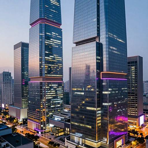 Photograph of a cityscape at dusk featuring three tall, illuminated skyscrapers with purple and yellow neon lights, reflecting in the windows, surrounded by