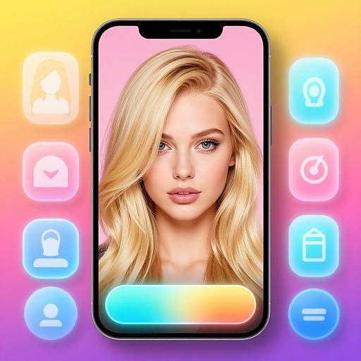 Photograph of a blonde woman with blue eyes on a smartphone screen, surrounded by app icons on a gradient pink-yellow background.