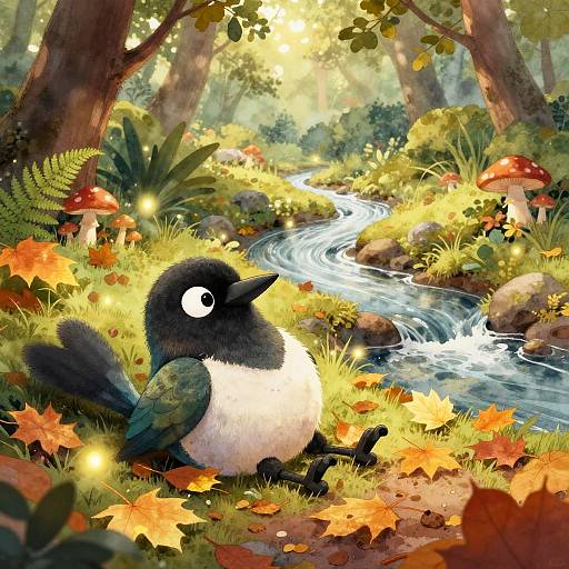Digital illustration of a black-and-white bird with wide eyes sitting on autumn leaves beside a flowing stream in a sunlit forest, surrounded by mushrooms and fern