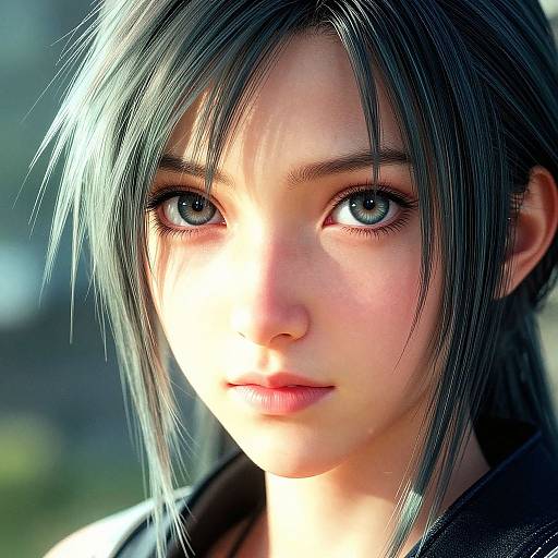 Close-up digital artwork of a young woman with striking blue eyes, pale skin, and shoulder-length black hair, illuminated by sunlight.