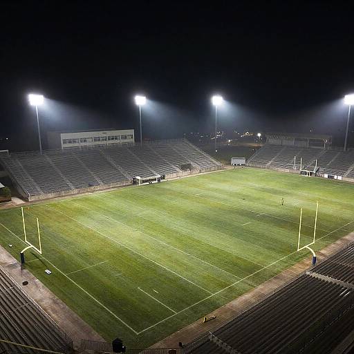 Nighttime photograph of an empty, brightly lit, green grass football stadium with white goalposts and empty bleachers in the background.