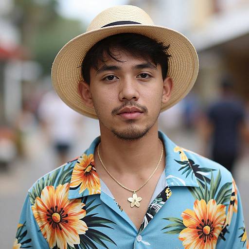 Photograph of a young Asian man with dark hair and a mustache, wearing a straw hat, blue floral shirt, gold necklace, and standing in