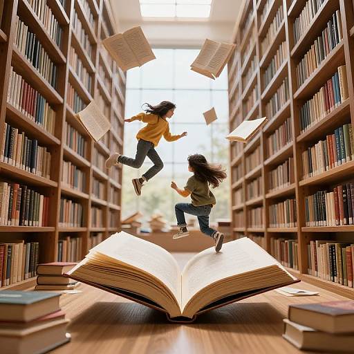 Photograph of two children with long hair, one in yellow shirt, one in green, jumping over an open book in a library aisle. Books and