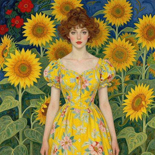 Photorealistic digital painting of a curly-haired woman in a yellow floral dress, standing amidst tall sunflowers and red flowers against a dark blue background.