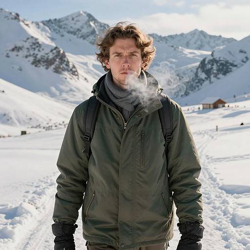 Photograph of a young man with curly brown hair, wearing a black jacket and gray scarf, standing in a snowy mountain landscape with breath visible.