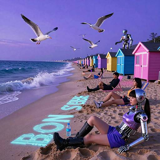 Photograph of a neon-lit beach at twilight, featuring colorful beach huts, cyberpunk woman in futuristic armor, seagulls, and glowing