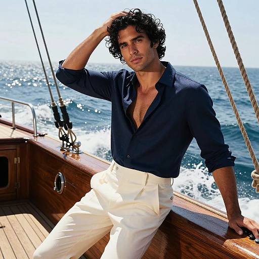 Photograph of a handsome, dark-haired man in a navy shirt and white pants, leaning on a sailboat, ocean waves behind.