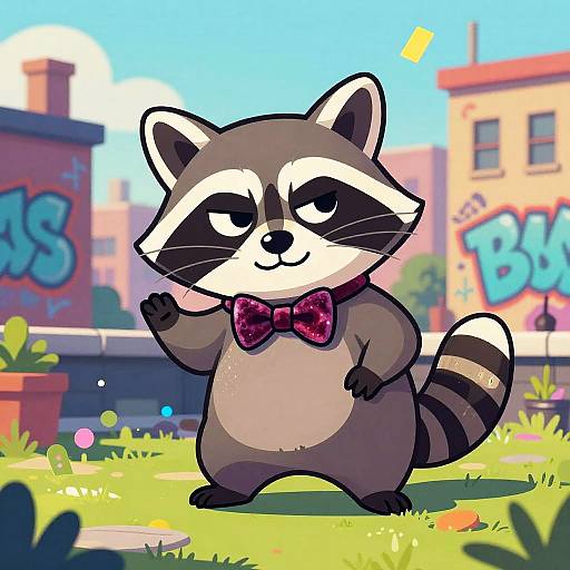 Cute cartoon raccoon with a sparkling pink bow tie, standing on grass in a colorful, graffiti-covered urban background. Digital art.