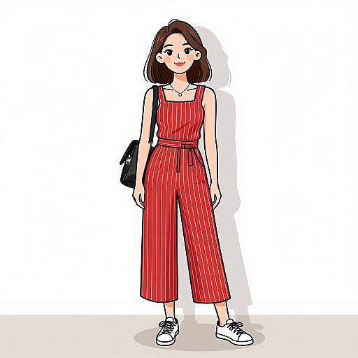 Digital illustration of a smiling woman with straight brown hair, wearing a red pinstripe jumpsuit, white sneakers, black crossbody bag.