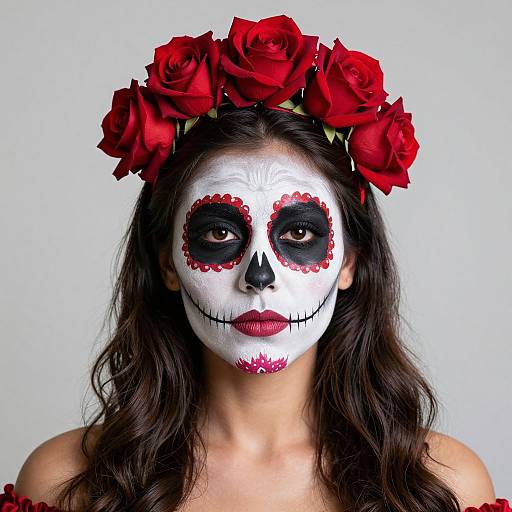 Photograph of a woman with white sugar skull makeup, black eye sockets, red accents, red roses headpiece, and dark wavy hair.