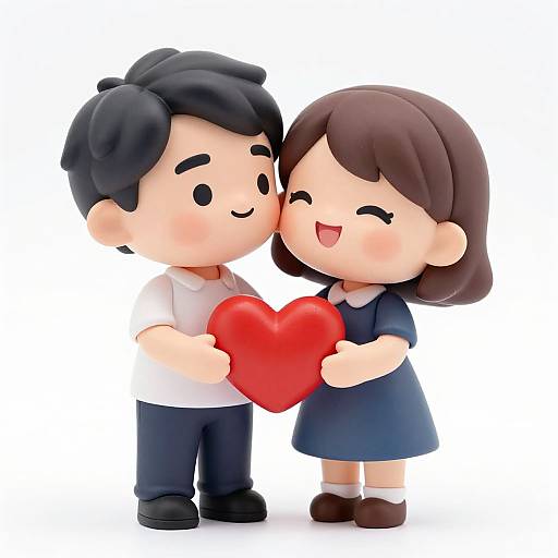 Chibi-style digital illustration of a smiling black-haired boy in a white shirt and navy pants, holding a red heart with a smiling brown-haired girl in