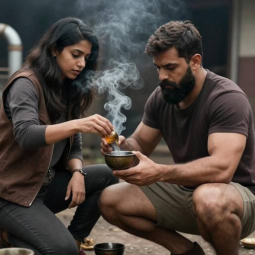 Man and Woman Pouring Liquid into Smoking Bowl Outdoors