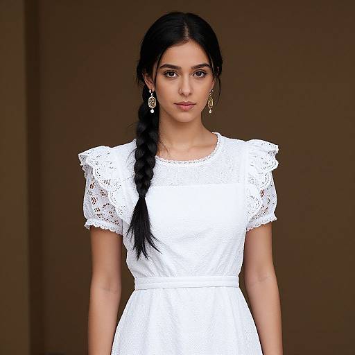 Photograph of a young woman with long black hair in a braid, wearing a white lace dress and dangling earrings, standing against a brown background.