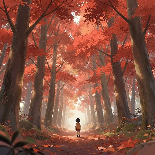 Digital painting of a forest path lined with tall trees and vibrant red leaves. A small figure in a yellow dress stands at the center, illuminated by sunlight