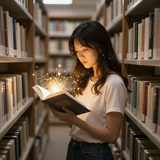 Photograph of a young Asian woman with long black hair, wearing a white t-shirt and blue jeans, reading a glowing book in a library with sparking