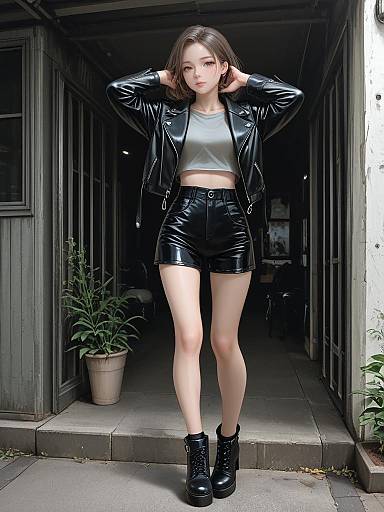 Photograph of a young woman with light skin and brown hair, wearing a silver crop top, black leather jacket, and high-waisted vinyl shorts