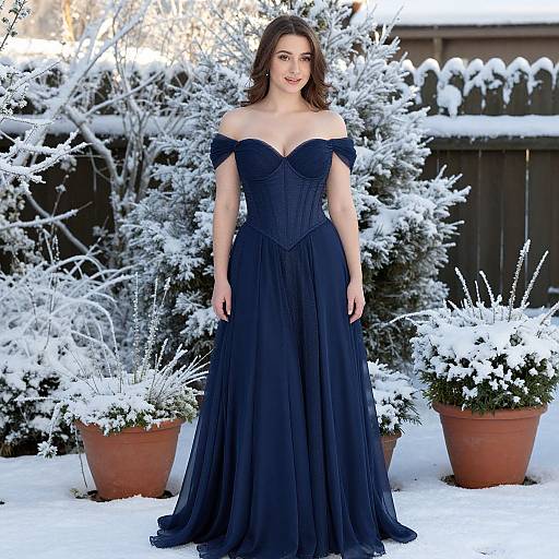 Photograph of a smiling woman with fair skin and brown hair, wearing an off-shoulder, navy blue, floor-length gown, standing in a
