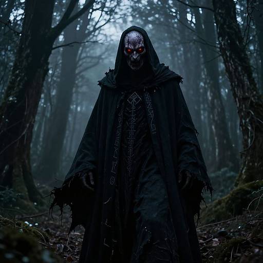 Photorealistic digital artwork of a dark, hooded figure with glowing red eyes and a skeletal face, standing in a foggy, eerie forest.