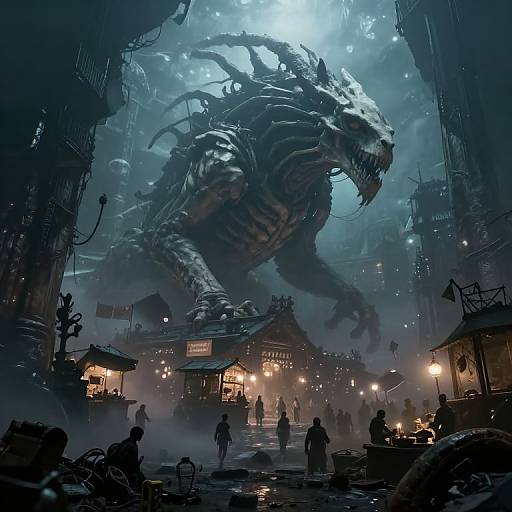 Digital fantasy artwork: massive, glowing-eyed dragon looms over a foggy, lantern-lit Asian village, with silhouetted villagers and traditional