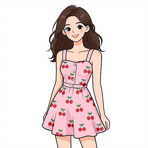 Digital anime-style drawing of a smiling young woman with long brown hair, wearing a pink cherry-patterned sundress, standing against a white background.