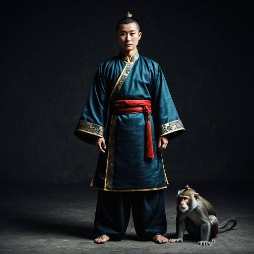 Man in Traditional Chinese Attire with Monkey
