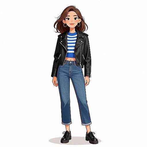Digital anime-style drawing of a smiling young woman with brown hair, wearing a black leather jacket, blue striped shirt, high-waisted jeans, and