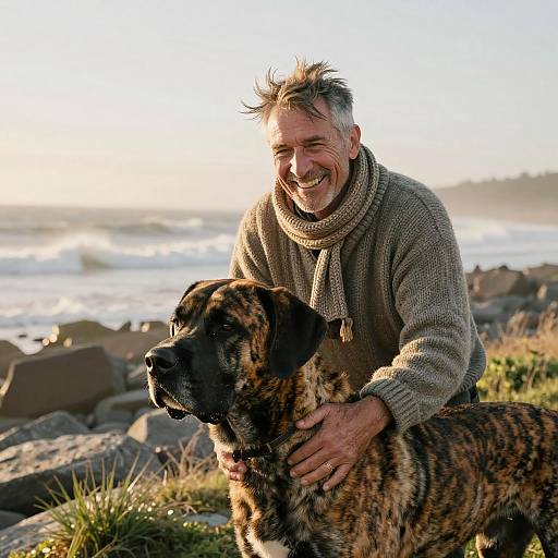 Joyful Fisherman Embracing His Great Dane