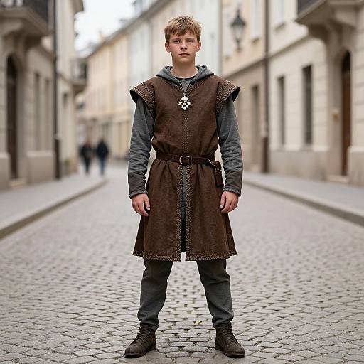 Photograph of a young boy in medieval attire standing on a cobblestone street, with blurred buildings and people in the background. He wears a brown