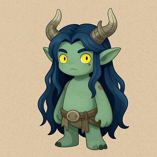 Chibi-style digital drawing of a green-skinned, horned goblin with dark blue hair, yellow eyes, and a brown belt against a textured