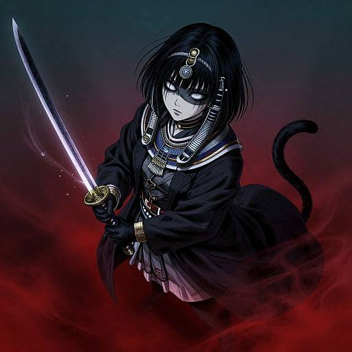 Digital anime-style illustration of a black-haired, cat-eared samurai with glowing blue eyes, holding a glowing sword, surrounded by red smoke.