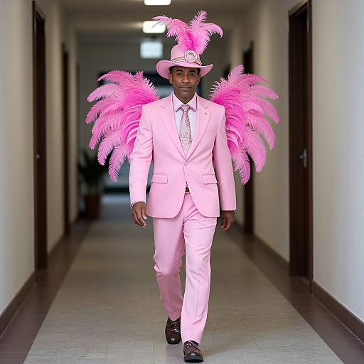 Photograph of a Black man in a pink suit, matching pink hat with feathers, and pink feathered wings, walking down a hallway.