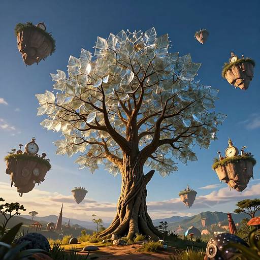 Digital artwork of a glowing, crystalline tree with expansive white leaves, surrounded by floating, plant-covered islands against a vibrant, sunset sky. Fantasy landscape
