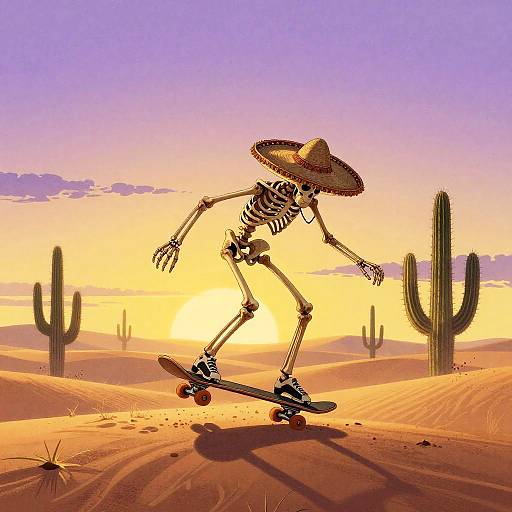 Skeletal Skateboarder in Ukiyo-e Desert