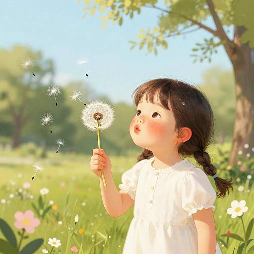 Digital painting of a young Asian girl with braided hair, holding a dandelion, in a sunny meadow with flowers and trees.